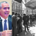 El juez federal Sergio Torres y la gente formando cola frente a la oficina de la OEA, en avenida de Mayo, en 1979, para hacer su denuncia.